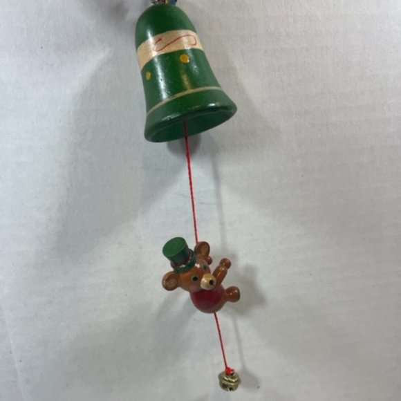 VTG Wooden Christmas Bell w/Hanging Bear & Jingle Bell Ornament 7" - Picture 8 of 12